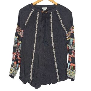 Sundance Black Striped Floral Embroidered Long Sleeve Blouse Women's Small S‎